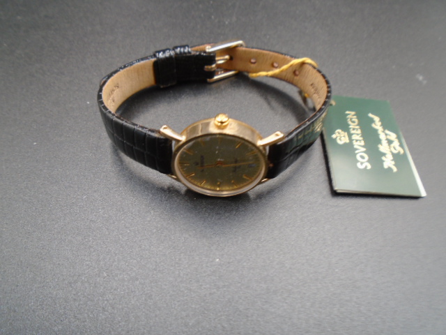 Sovereign 9ct gold hallmarked watch - model no.44226, black leather strap, new with tags, with a - Image 3 of 5