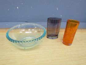 2 Coloured glass vases and bowl etc