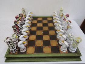 Italian Bassano large glazed and hand painted ceramic chess set in the form of mainly chicken, ducks
