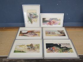 Set of 6 Ernest Montaut motoer sports framed prints 20cm x 30cm approx