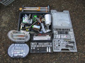 Tray of tools, 2 part socket sets and multi-tool accessory set
