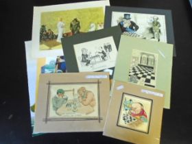 Assorted cartoon prints/plates, all chess related, various sizes and some mounted