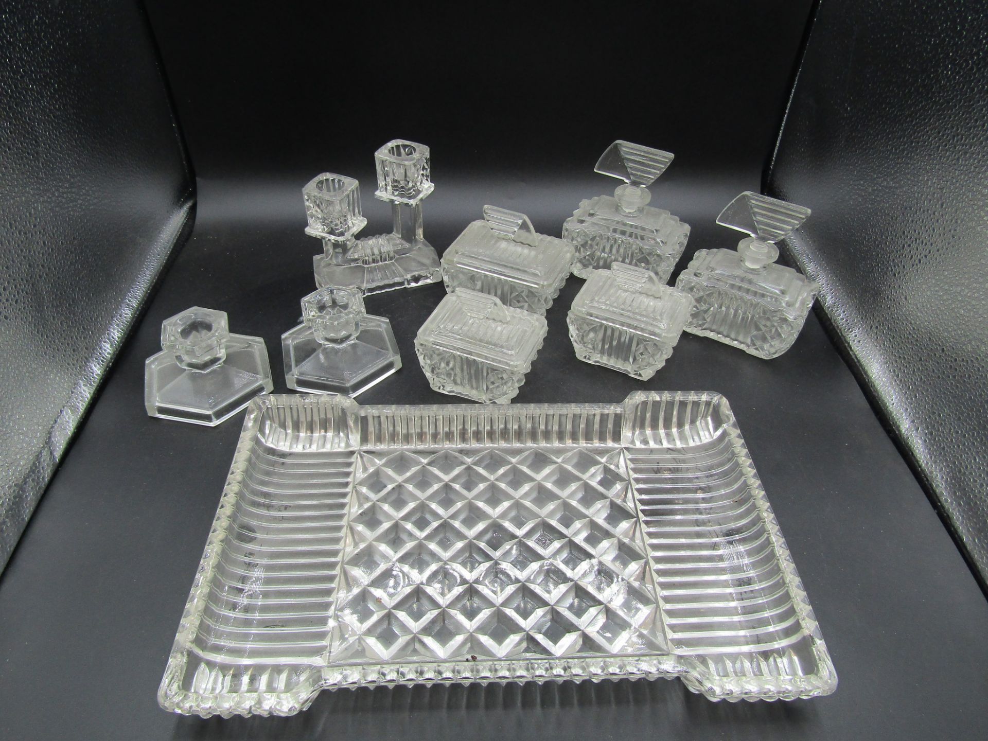 Art Deco glass dressing table set and other glassware