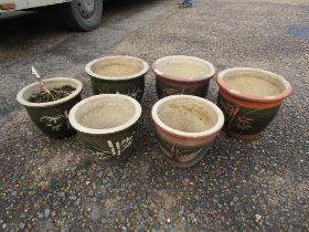 6 Ceramic garden pots. Largest H27cm approx