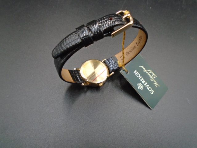 Sovereign 9ct gold hallmarked watch - model no.44226, black leather strap, new with tags, with a - Image 5 of 5