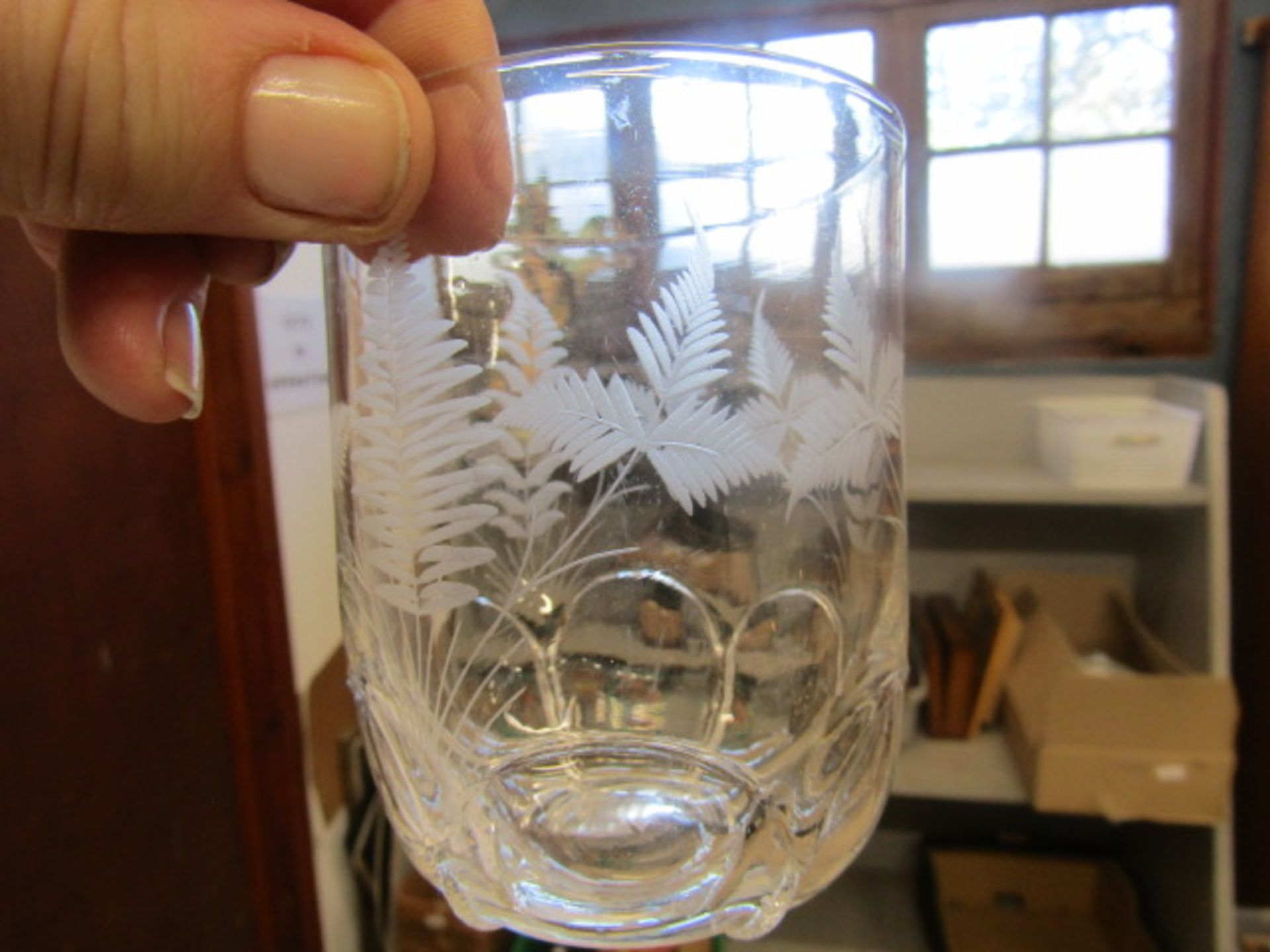 etched water decanter with glass and 2 candle votives - Image 4 of 5