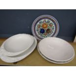 Large white ceramic platters with shell and fruit embossed pattern  and 2 large bowls with