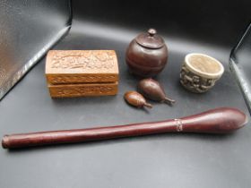 A hardwood African club, 2 treen animals, wooden lidded pot, carved box  and pot