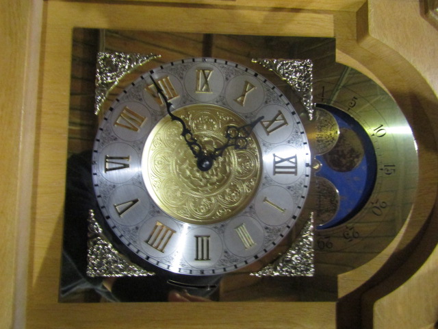 A German Interlock wall hung  long cased clock with oak case, brass weights and key, plus manual - Image 4 of 11