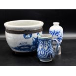 Chinese blue and white planter, jug and miniature vase
