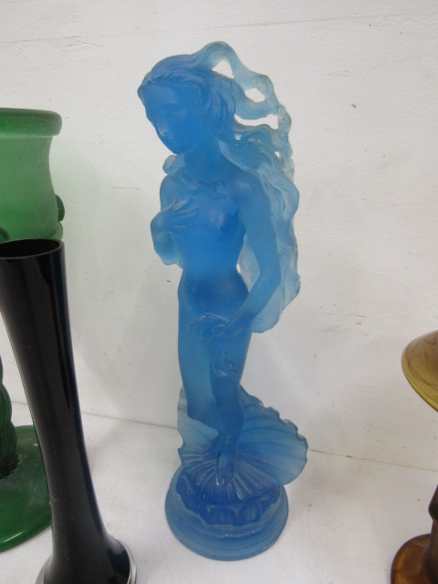 Art deco pressed glass lady, green stemmed vase, brown glass vase and one other - Image 2 of 4