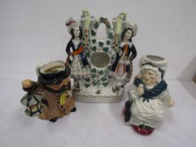 Staffordshire spill vase a/f and 2 toby jugs