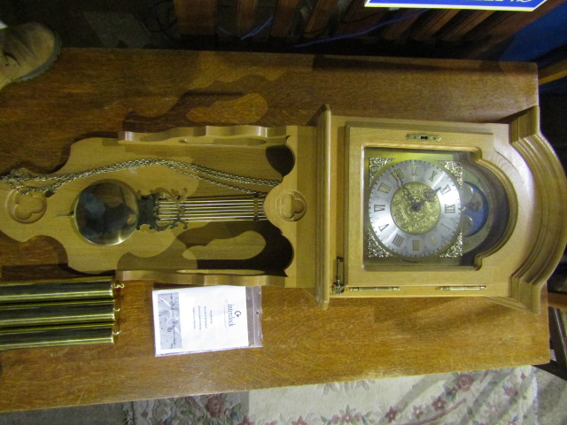 A German Interlock wall hung  long cased clock with oak case, brass weights and key, plus manual - Image 2 of 11