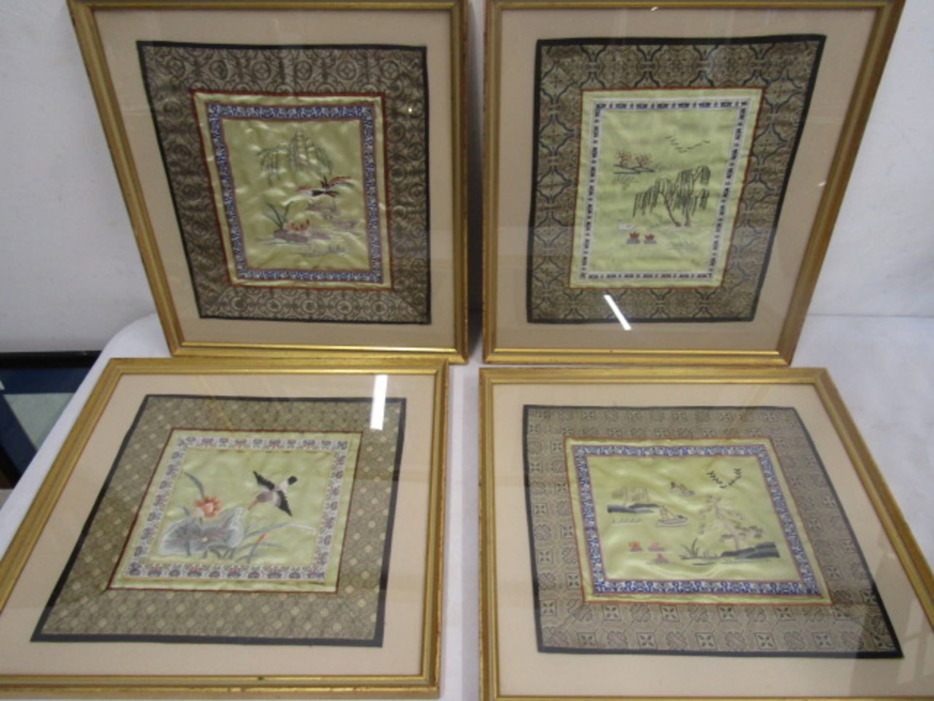 Set 4 Oriental embroideries of birds on silk 38x35cm