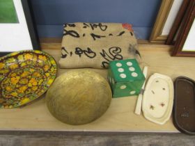 metal dice toffee tin, papier Mache pen trays, letter opener, 2 dishes and Oriental material