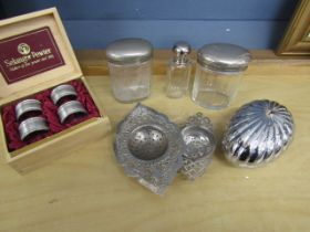 George Jenson Legacy bonbonniere trinket pot, pewter napkin rings, vintage tea strainer and 3 vanity