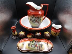 Vintage English Hand painted jug and bowl set with vanity plate and pots, vase and candlestick