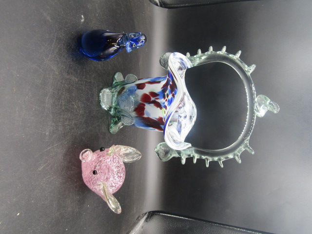 Multi coloured glass basket, glass pig and bird