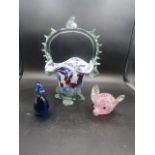 Multi coloured glass basket, glass pig and bird