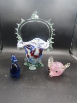 Multi coloured glass basket, glass pig and bird