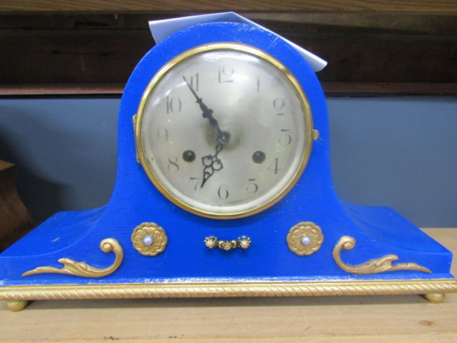 Napoleon mantle clock painted blue in working order with key