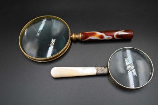 2 Magnifying glasses - largest 22cm in total lenght, smallest mother of pearl handle 18cm total