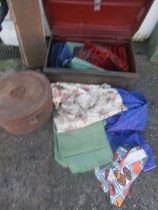 A metal storage chest of vintage material plus a metal hat box