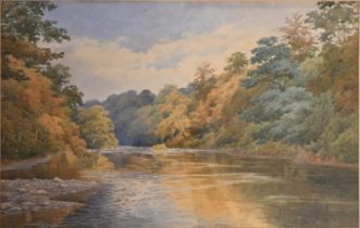 Watercolour river landscape artist unknown, framed and glazed