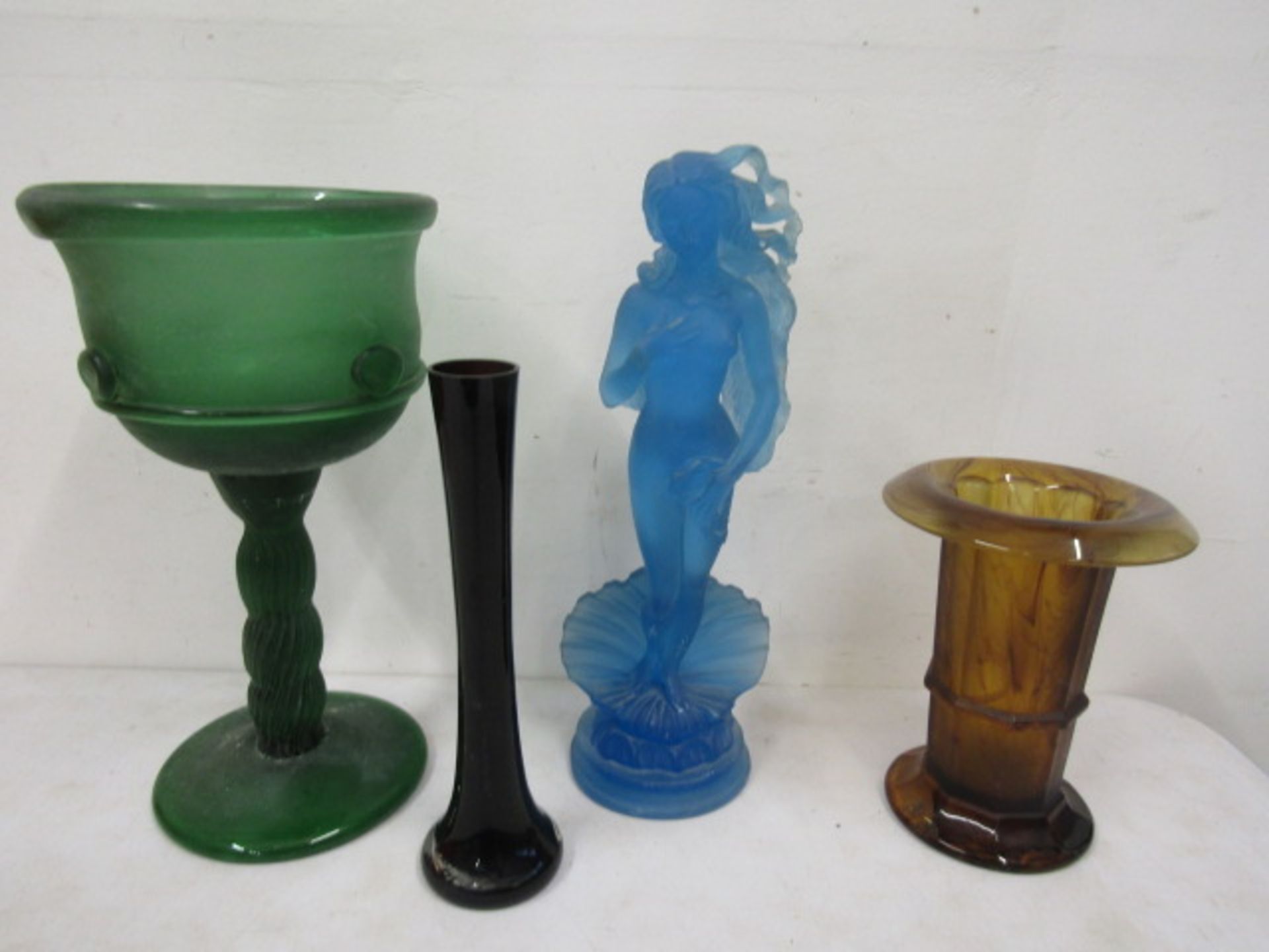 Art deco pressed glass lady, green stemmed vase, brown glass vase and one other