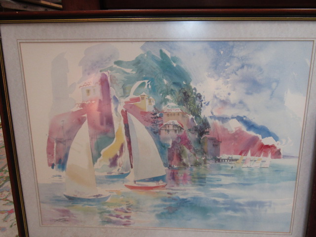 A Mediterranean watercolour (86x67cm) signed and a Parisian oil painting (55x46cm) - Image 3 of 4