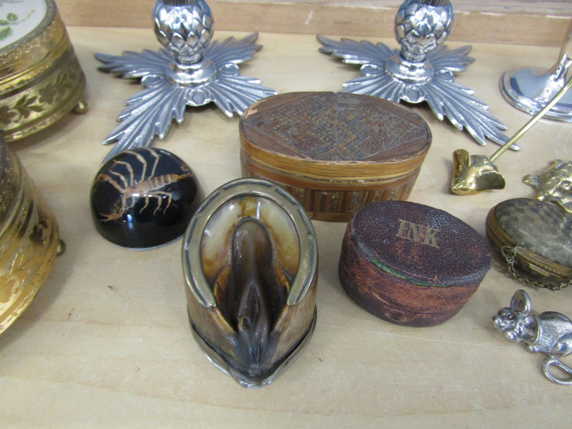 Candlesticks, small brass animals and glass scent bottle etc - Image 4 of 6