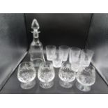 Bell decanter, set 6 quality (poss Waterford?) tumblers and 4 brandy glasses