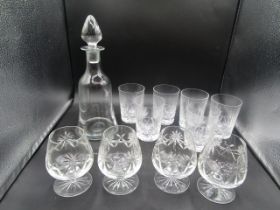Bell decanter, set 6 quality (poss Waterford?) tumblers and 4 brandy glasses