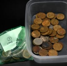 Quantity of mixed British coins including foreign coins in plastic tub