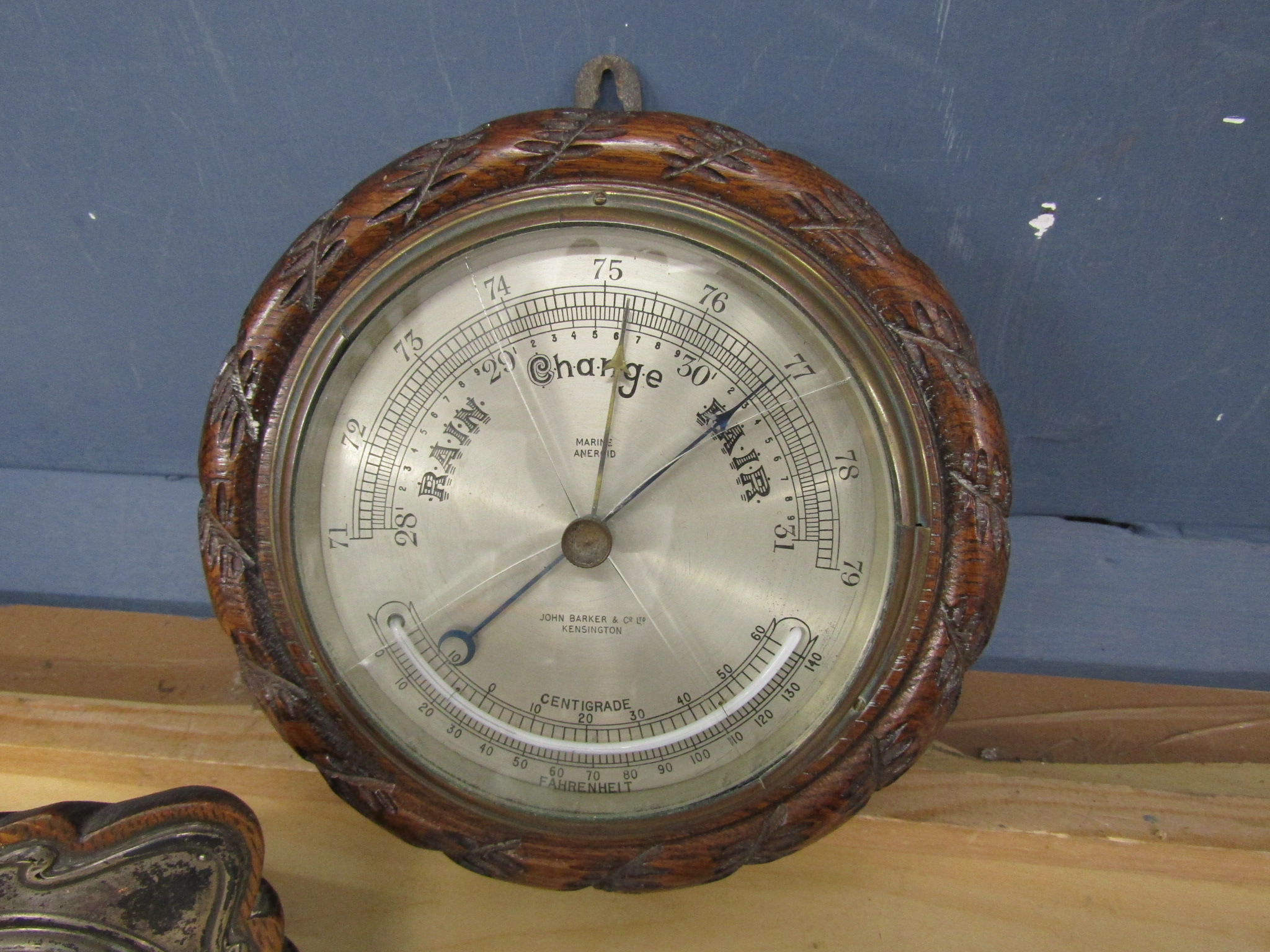 Carved oak wall barometer and free standing barometer with silver plated surround (wall barometer - Image 3 of 4