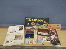 Vintage board games, Dominoes, playing cards and Gurkin's puppets
