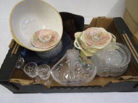 A box various china and glass inc fruit set