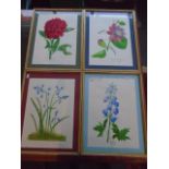 4 framed and glazed watercolours of flowers - Paeony, Bluebells, Delphinium and Passiflora all by