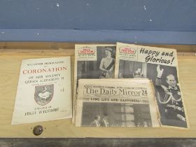 1953 Coronation souvenir program and vintage newspapers from 1923 and 1953