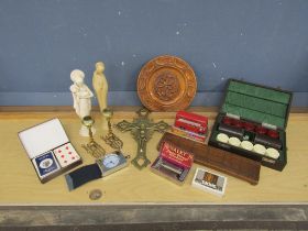 Collectors lot to include brass crucifix, pair of candlesticks and vintage razor etc