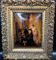 18th Century reverse glass painting depicting two gentleman playing chess with a lady watching After