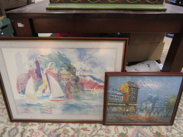 A Mediterranean watercolour (86x67cm) signed and a Parisian oil painting (55x46cm)