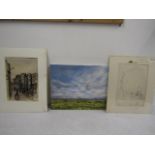 Neil Ward Robinson 3 studies - pencil of Chelsea Embankment, Pastel of a canal and a oil on