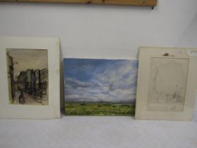 Neil Ward Robinson 3 studies - pencil of Chelsea Embankment, Pastel of a canal and a oil on