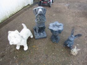 Resin Labrador, frog with lilypad, rabbit plus another rabbit and a westie