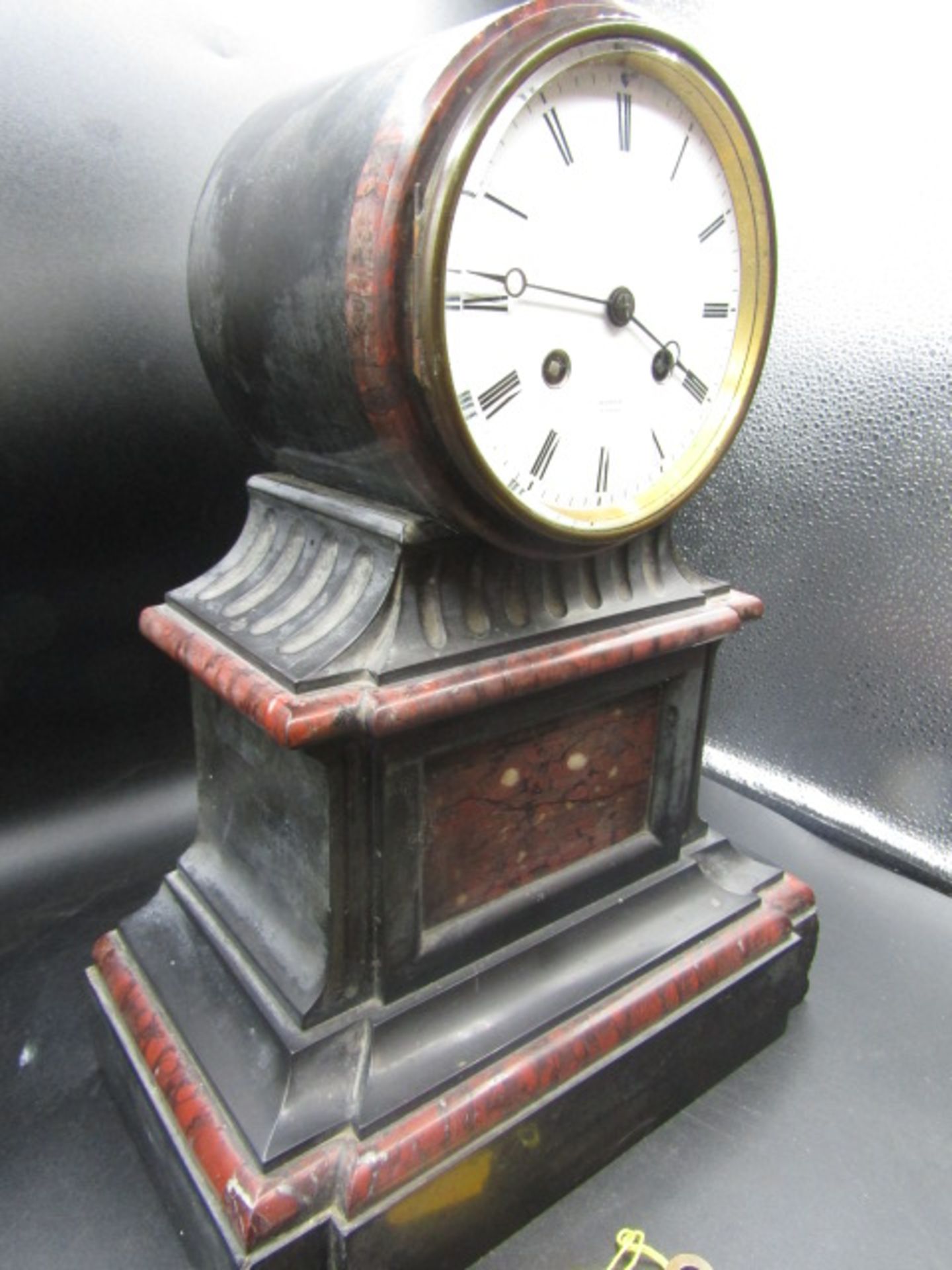 A French Victorian slate clock with pendulum and key- working but not striking - Image 5 of 7