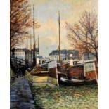 Barges on the Canal, St-Martin Canal signed "John 74" lower left oil on canvas 64cm 74cm