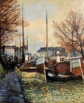 Barges on the Canal, St-Martin Canal signed "John 74" lower left oil on canvas 64cm 74cm