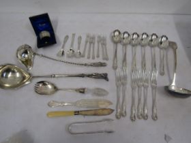 Plated punch ladles, cutlery/ flat wares and a napkin ring