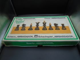 Boxed vintage Wegiel Ambassador carved wood chess set, height of king approx 11cm